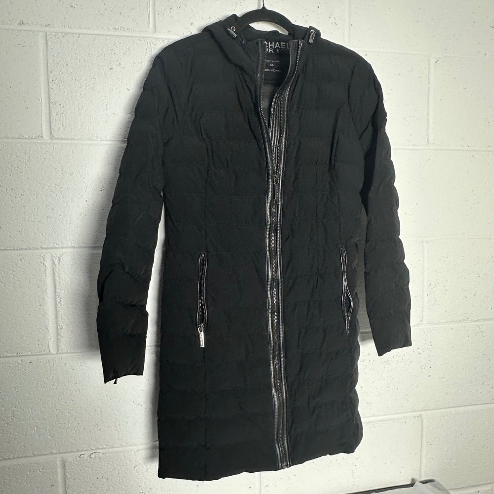 Michael Michael Kors Black Packable Puffer Coat Hooded Womens XS Longline Jacket